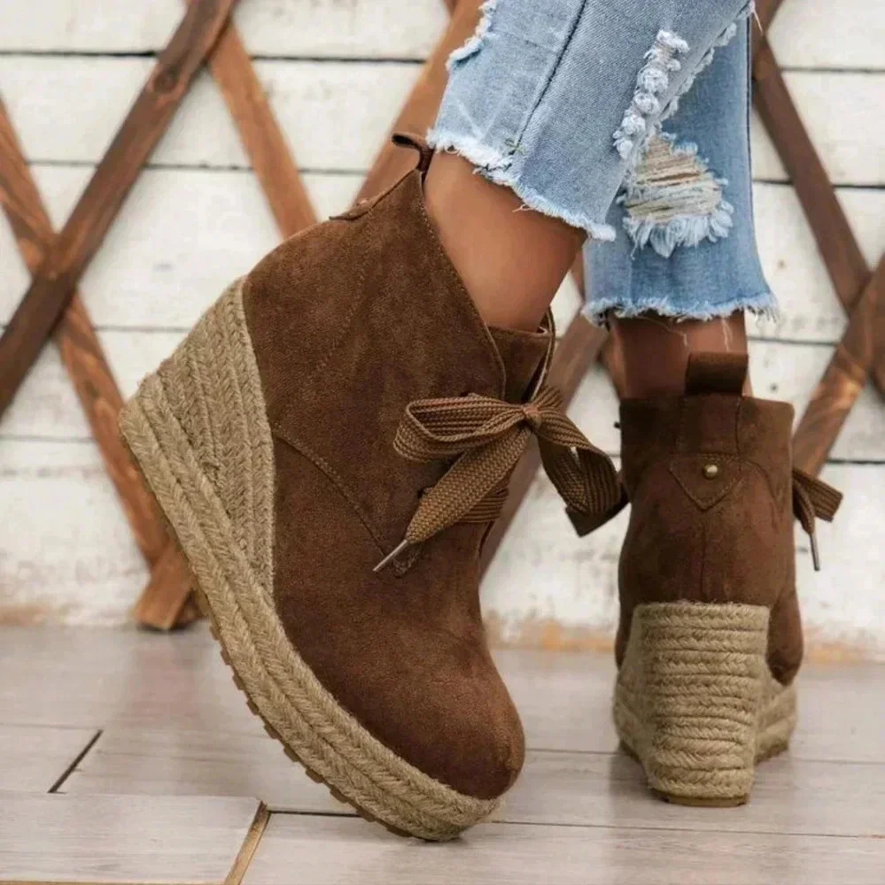 Women's Fashion Platform Boots With Solid Color Woven Shoelaces, All-Match And H - Picture 8 of 8